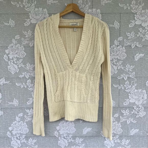 Vintage Sweaters - Cream Cable Knit Sweater Vintage Y2K V-neck Pullover Ramie Cotton Medium